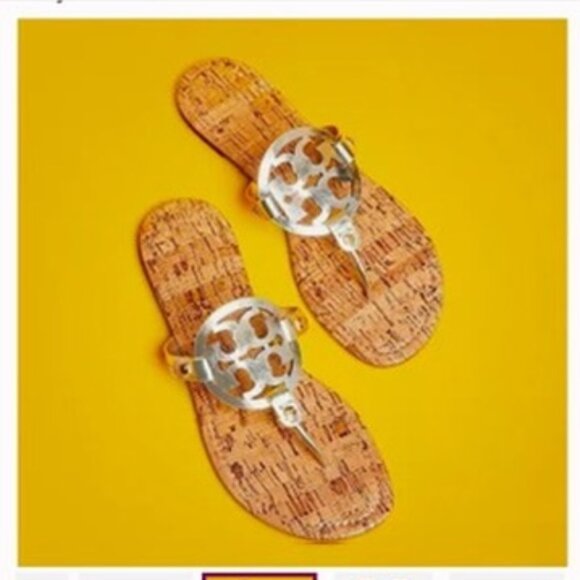 New Tory Burch Metallic Silver Patent leather Cork Miller Sandals Size 8.5 - Picture 3 of 14